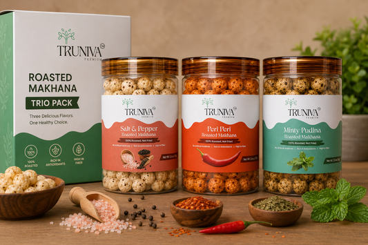 Truniva Premium Roasted Makhana Trio Pack | Salt & Pepper + Peri Peri + Minty Pudina | Healthy Snack Combo (3 x 70g)